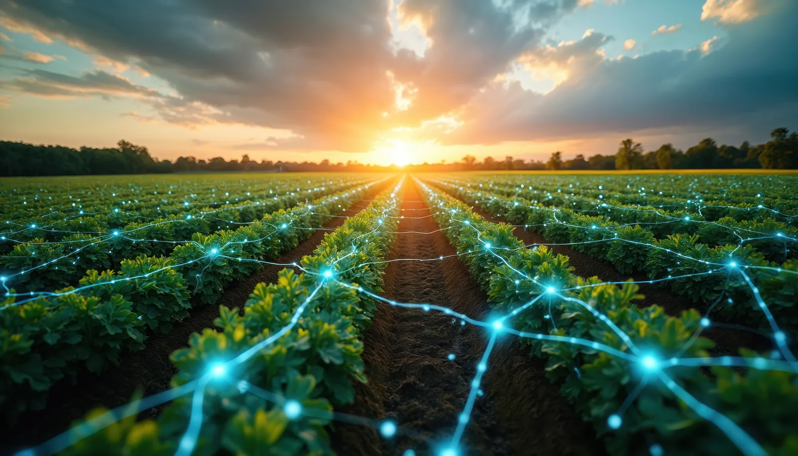 Aerial view of an irrigated crop field at sunset with a connected data network overlay, representing field-to-office GIS connectivity.